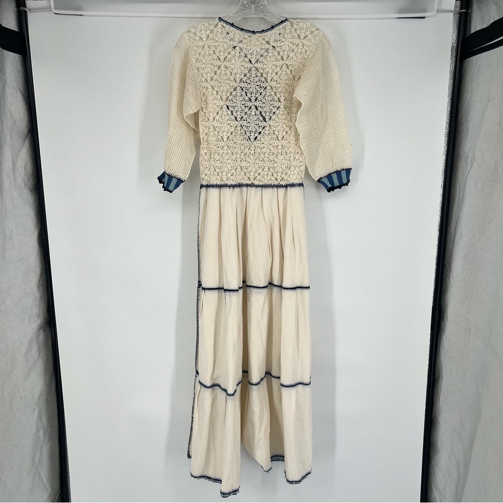 Carolina K Azul Sheer Crochet Cottagecore Bohemian Quarter Sleeve Maxi Dress S - Picture 14 of 16